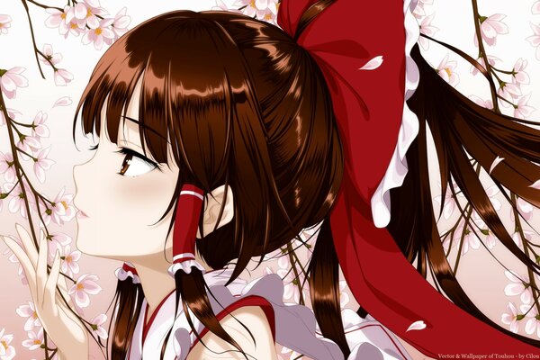 Anime art dark-haired in sakura petals in traditional Japanese style