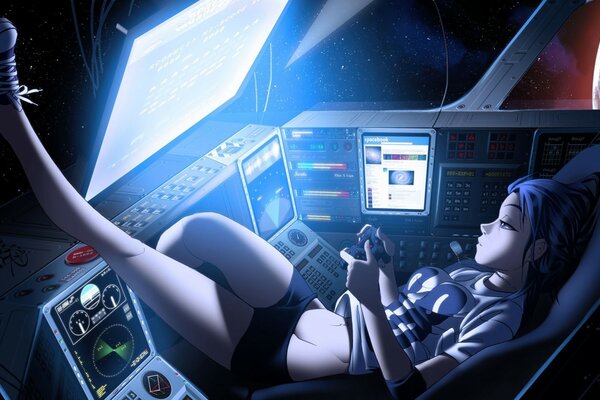 Znudzona dziewczyna leży na fotelu pilota statku kosmicznego z nogami na panelu sterowania