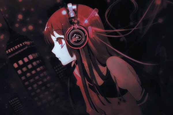 Long-haired girl in red headphones anime art