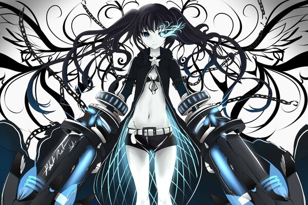 Kuroi Mato in a bikini with long black hair with chains in her hands and weapons