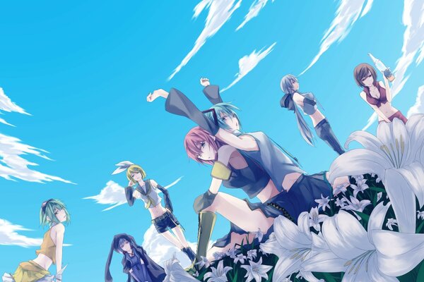 Girls on the background of a bright blue sky