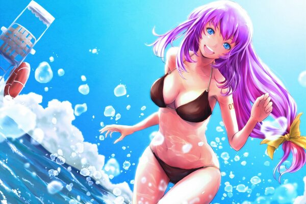 Megurine luka en traje de baño contra el agua y las burbujas