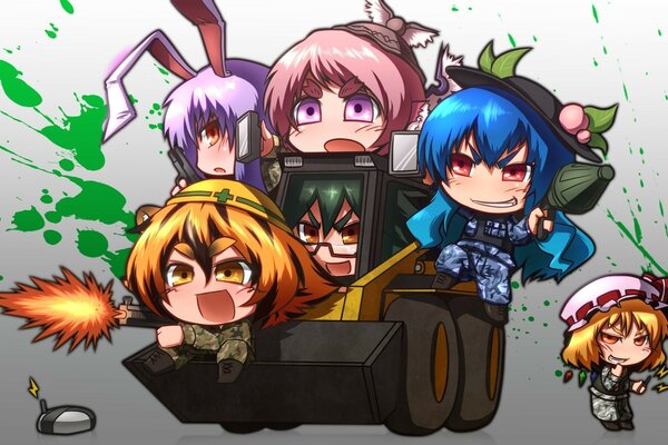 Bright anime characters on a tank with weapons