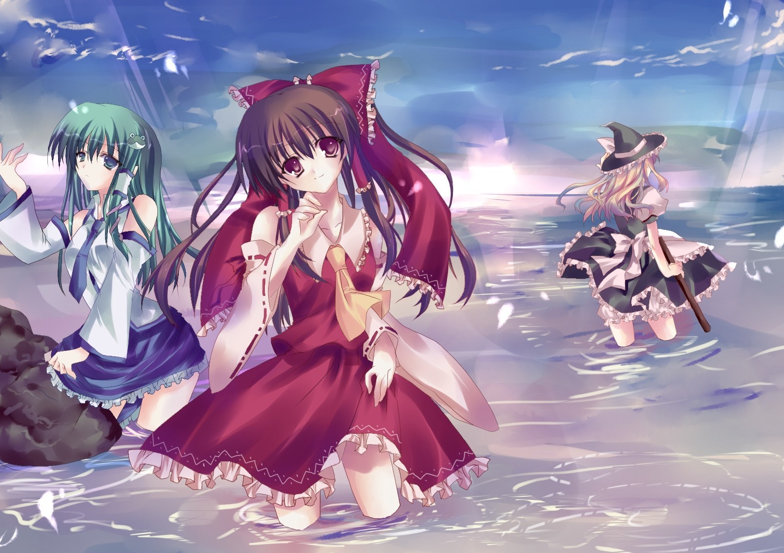 ky sunset skirt the group blonde hair hat clouds witch hat torment green hair red eyes green eyes japanese clothes water long hair kochiya sanae brown hair