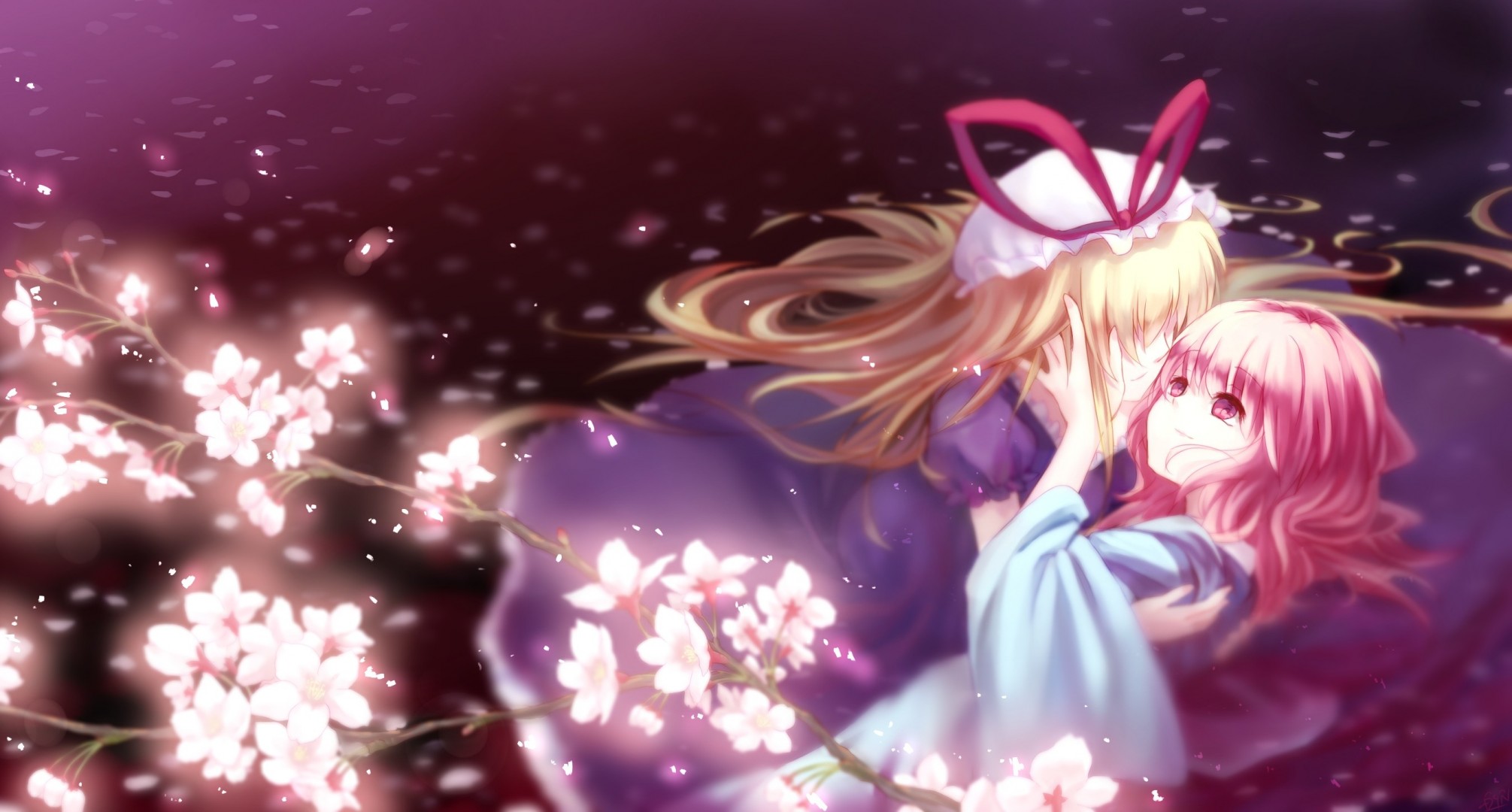 yuri kurze haare rosa haare blütenblätter blonde haare mütze 2girls lange haare sakura japanische kleidung kirschen bänder wasser kleid rosa augen yakumo yukari