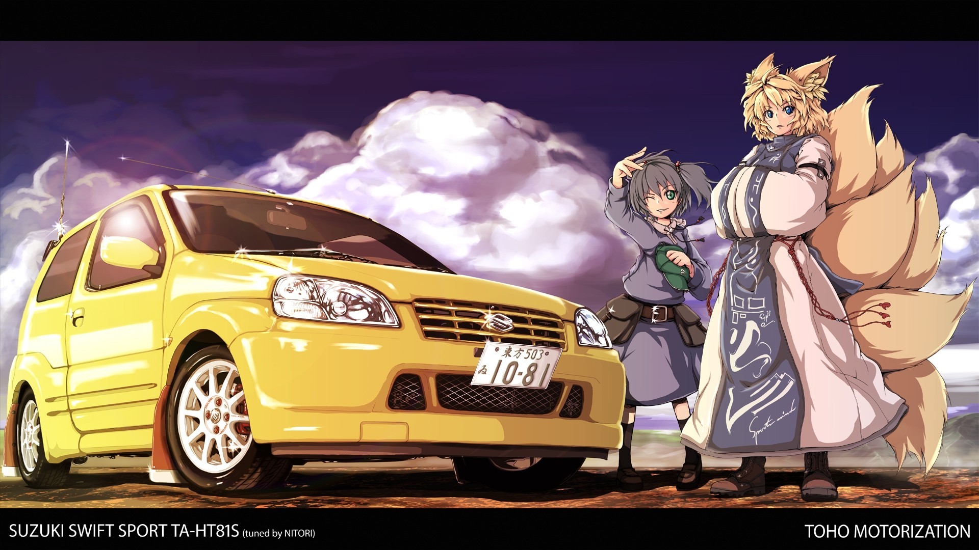 blue eyes short hair wink blonde hair green eyes 2girls vehicles animal ears blue hair