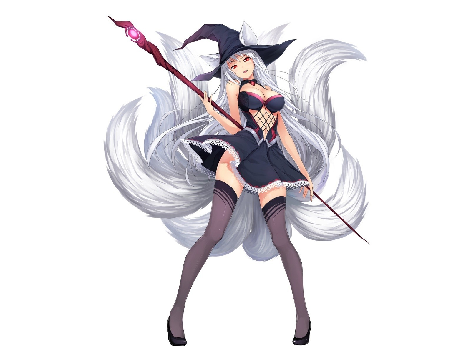 hat tagme long hair white white hair thighhighs dress animal ears tail