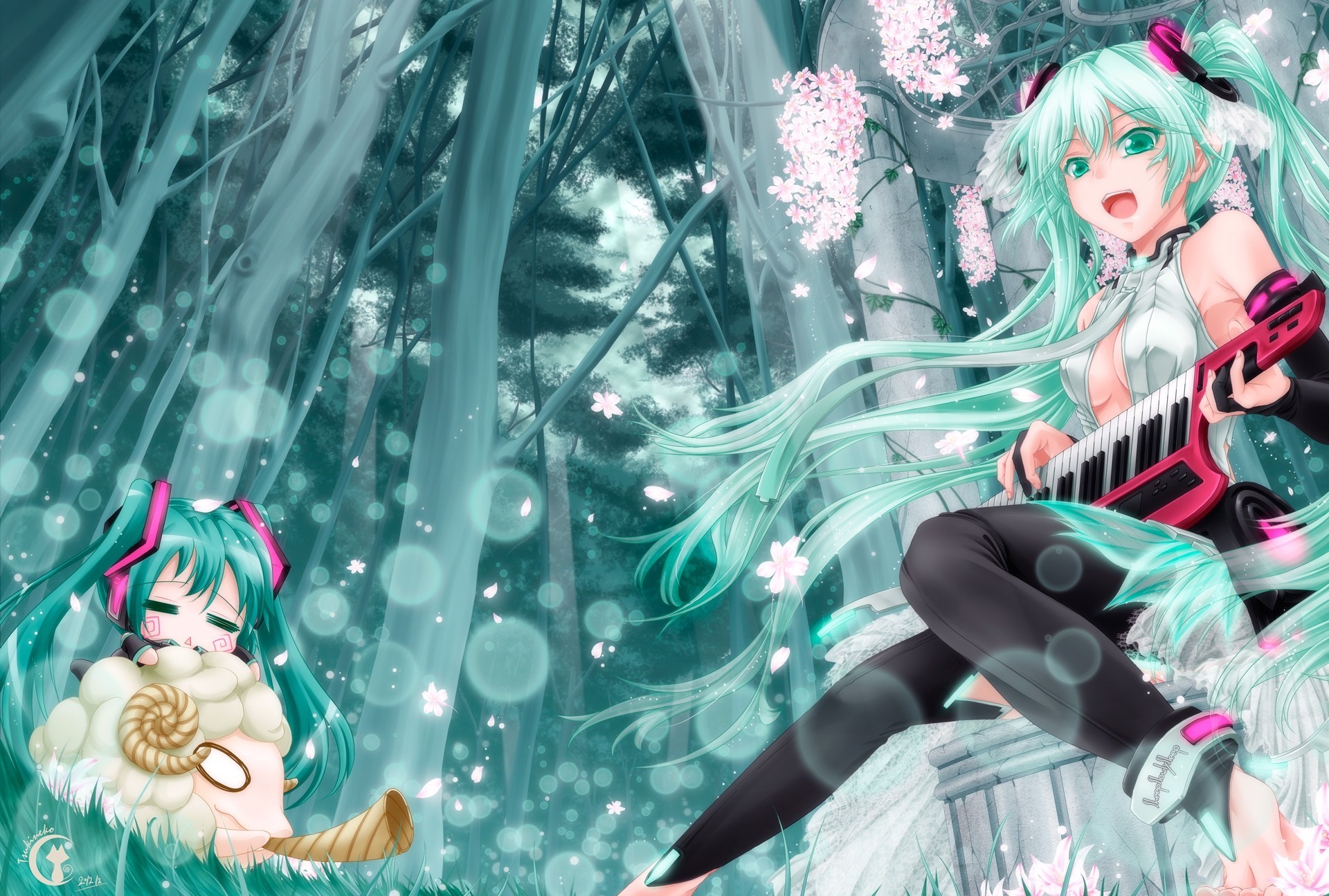 pétalos hatsune miku chibi animales árbol pelo largo cerezas aparato