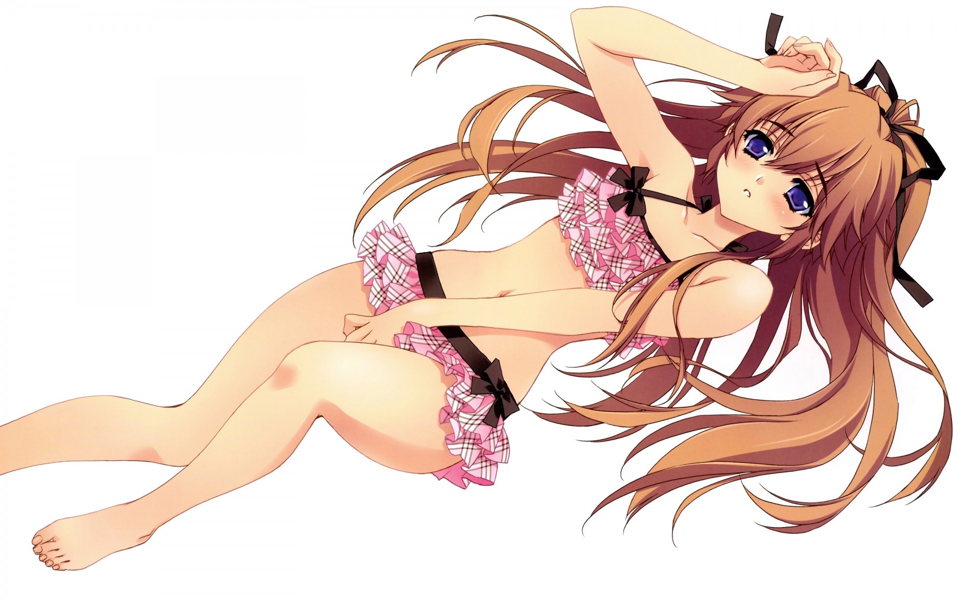 barefoot long hair blush bikini swimsuit purple eyes white tail trap brown hair