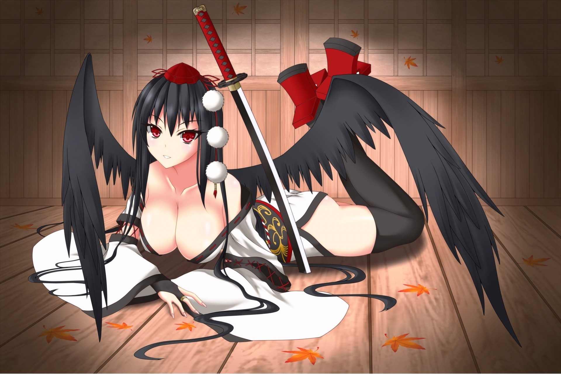 hameimaru th hat black hair sheet breast long hair katana red eyes weapon wings thighhighs sword