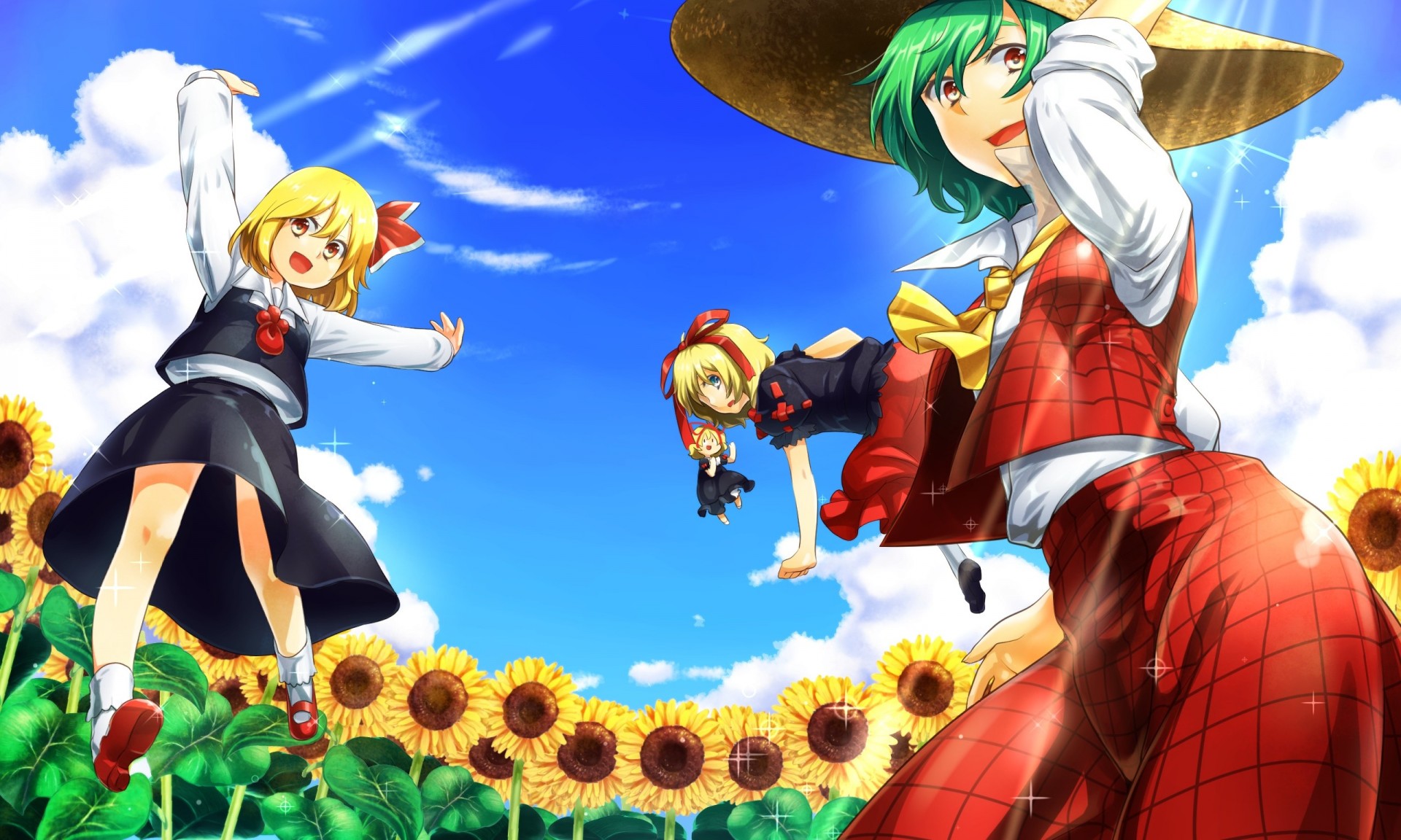 blue eyes short hair tapes blonde hair hat kazami yuuka clouds torment green hair long hair orange eyes flower sunflower