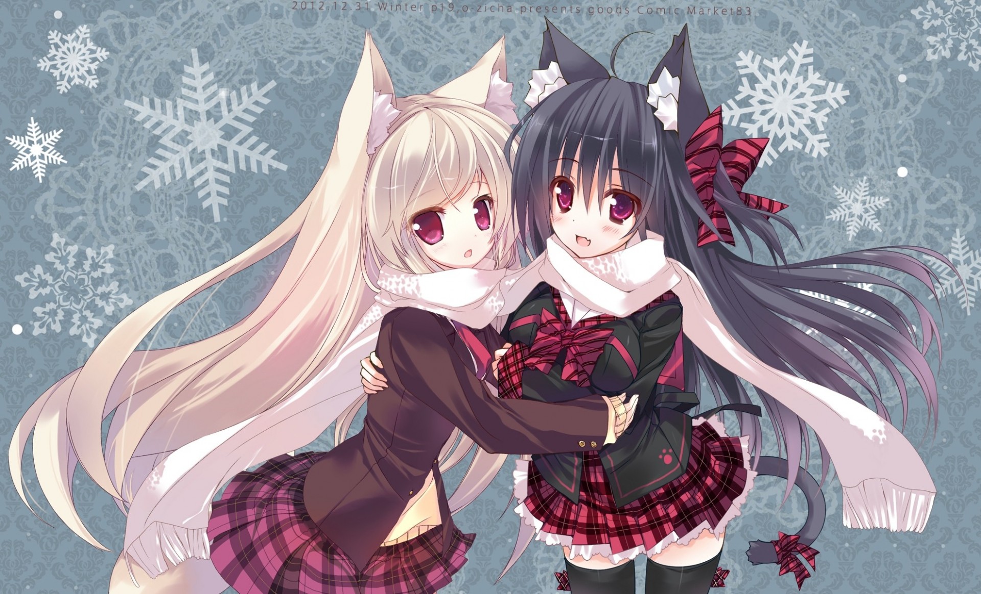 eifuku blonde hair 2girls black hair scarf long hair fang thighhighs catgirl animal ears tail