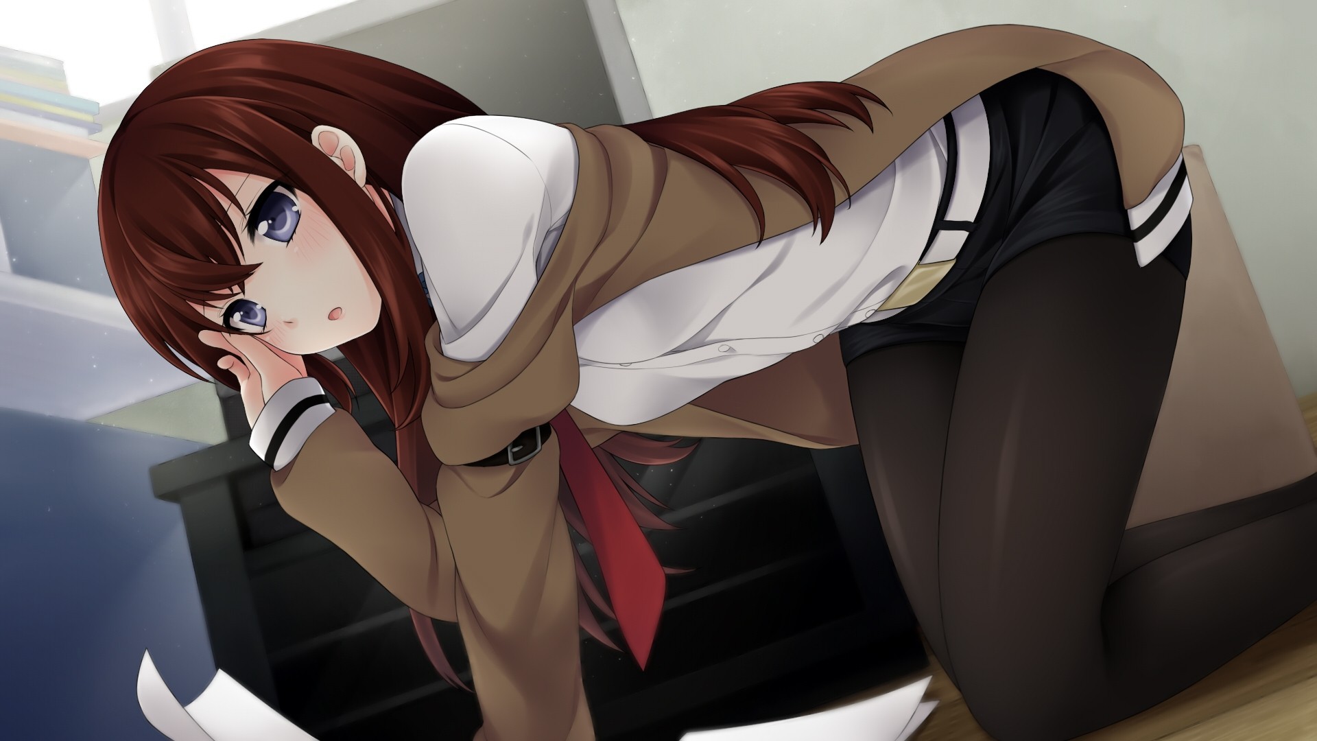 blue eyes makise kurisu blush tights long hair shorts brown hair