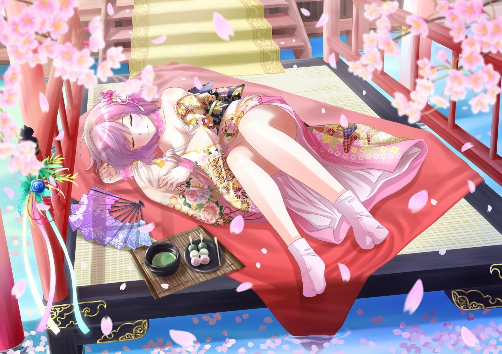 hort hair petals blush bed purple hair japanese clothes kimono flower sock