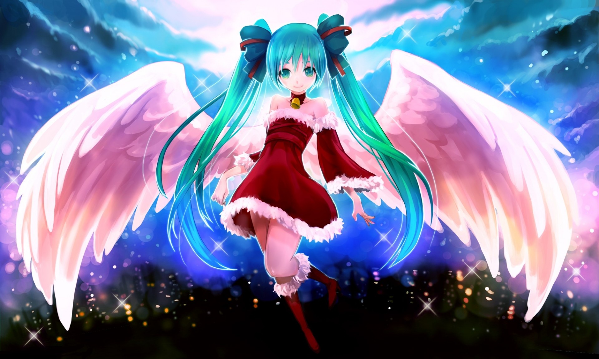 capelli lunghi nuvole arco notte occhi verdi twintails luna vestire ali hatsune miku