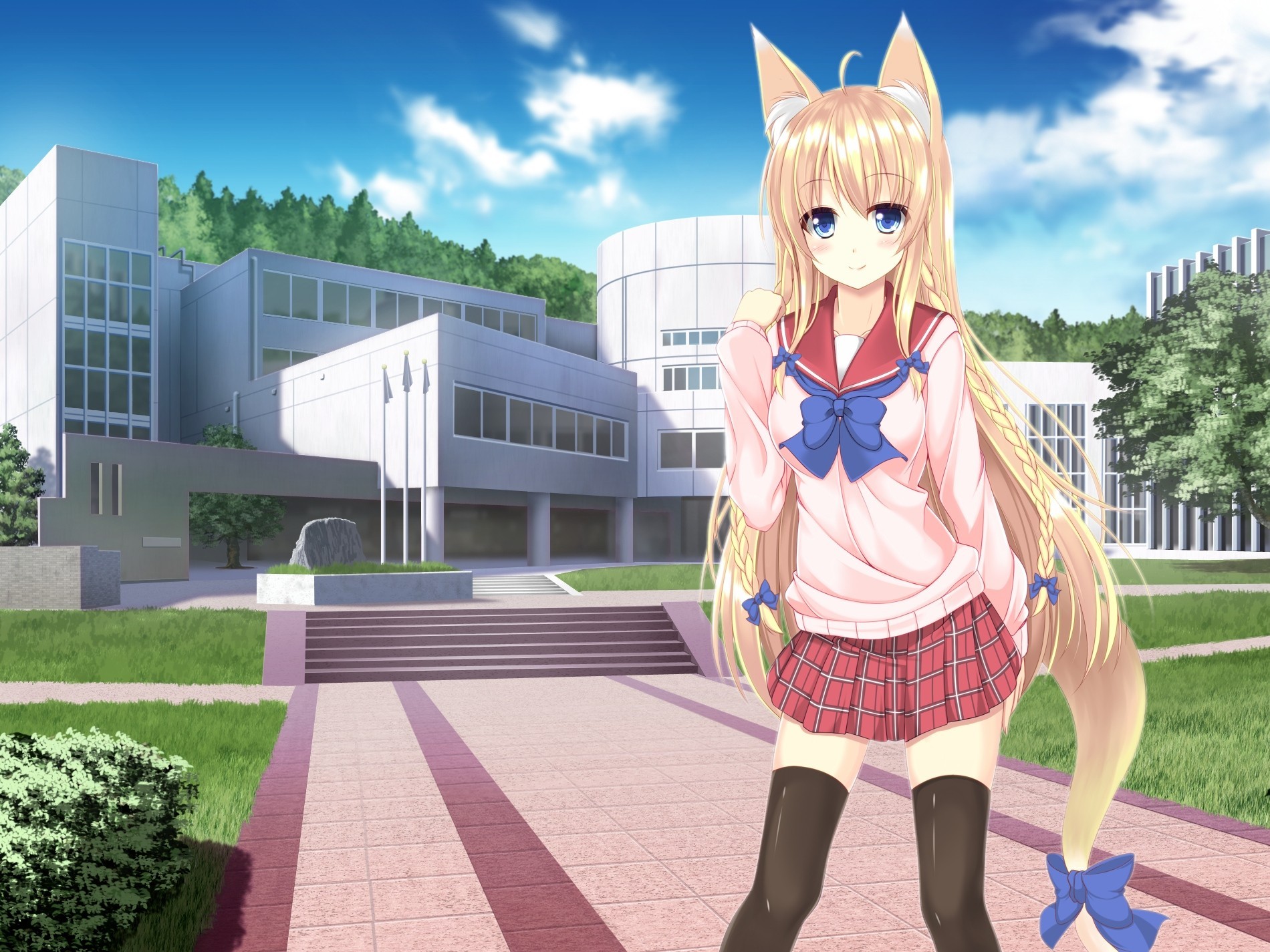 blue eyes seifuku blonde hair long hair thighhighs animal ears tail