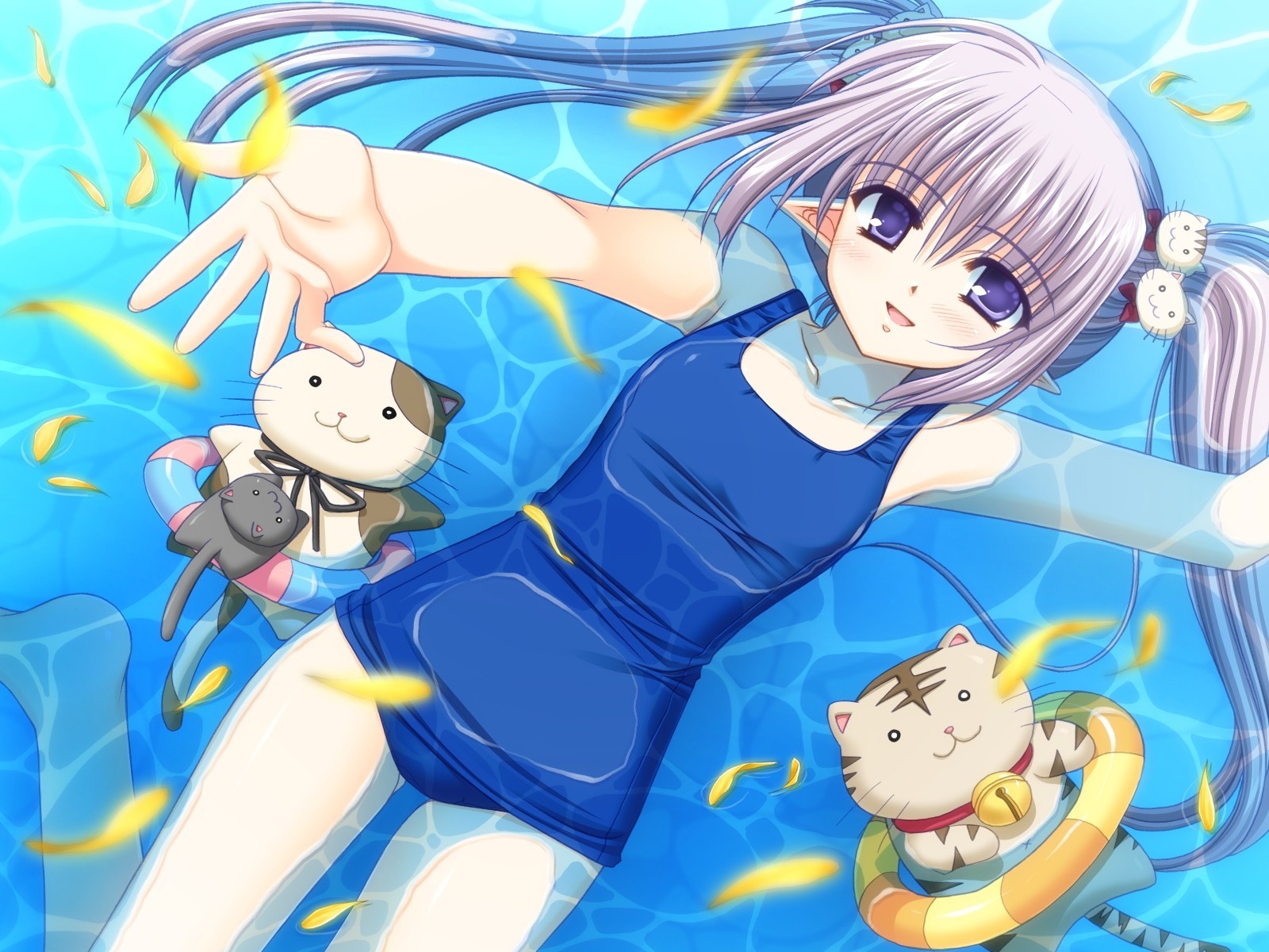 tapes long hair blush cat animals purple eyes petals water twintails of the tube white hair swimsuit primrose