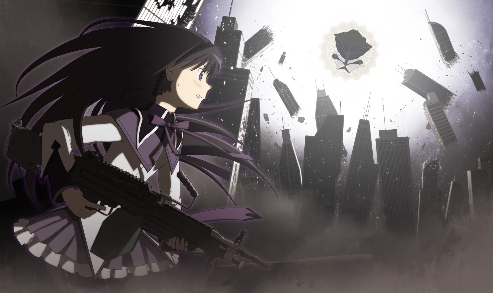 himmel fliegende festung seifuku langes haar bogen schwarzes haar waffe gebäude lila augen akemi homura strumpfhose