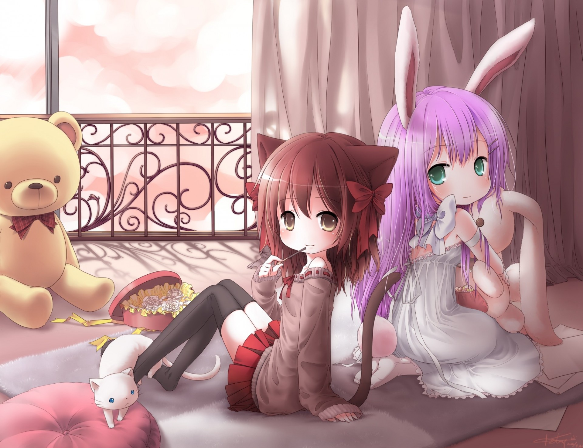 brown eyes loli torment cat animals purple hair bunnygirl green eyes catgirl teddy bear