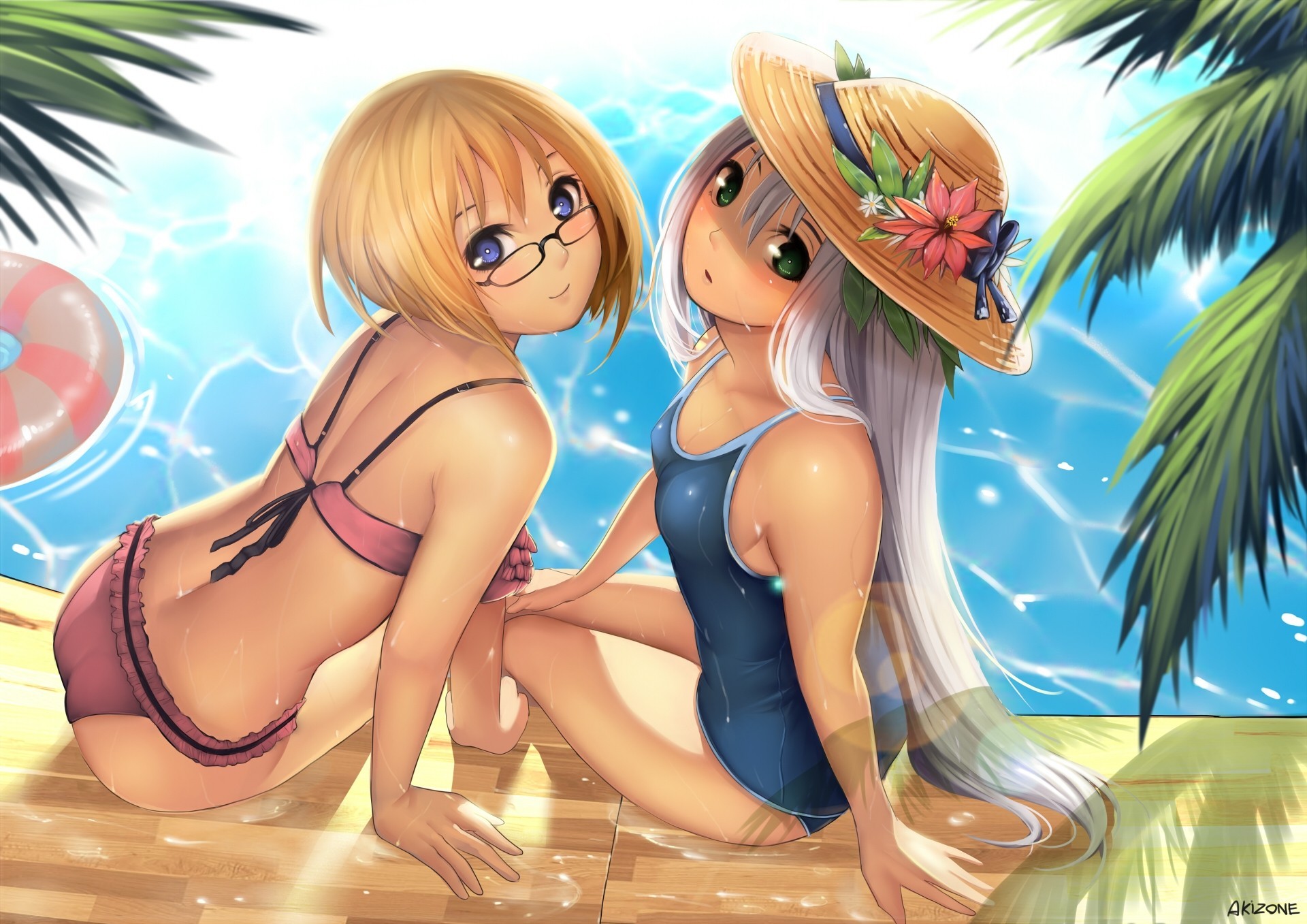 unglasses water 2girls pool green eyes swimsuit bikini hat blonde hair beach blue eyes wet summer