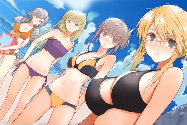 Beautiful ladies on the beach in swimsuits, they have an open bikini and a navel
