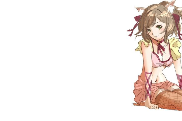 Сидящая героиня аниме в розовом, чулках и лентах, с кошачьими ушками