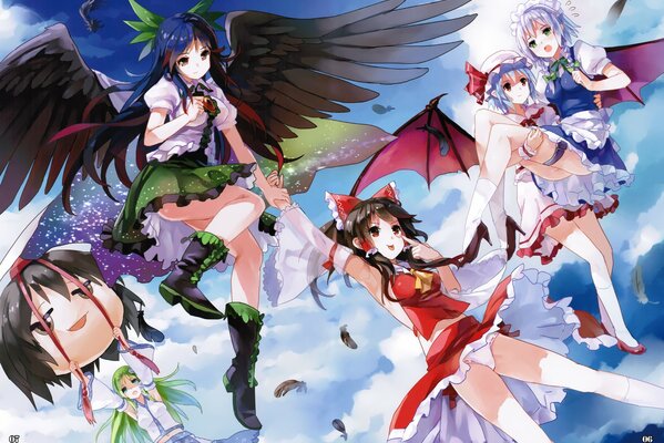 Anime girls are angels soaring in the sky