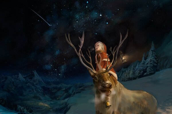 A girl and a deer on the background of the starry sky