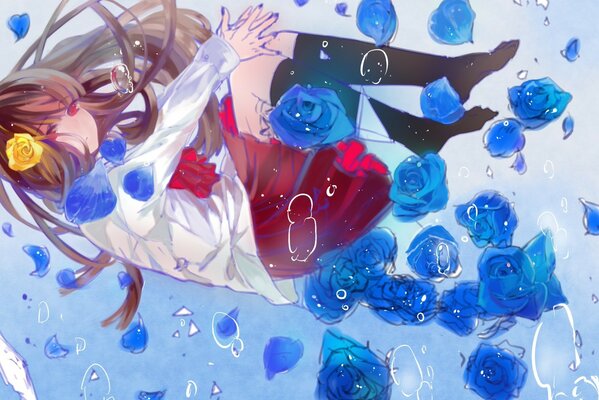 A girl with red eyes among blue roses