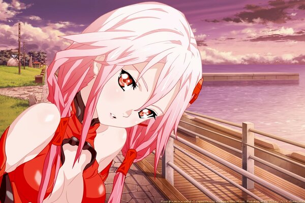 Yuzuriha inori ojos rojos con cabello rosa