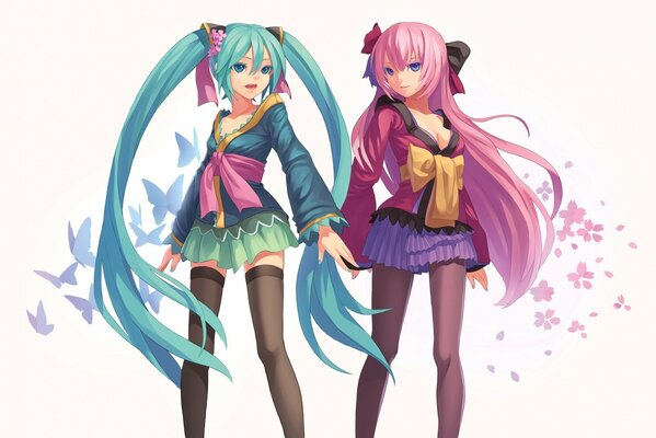 Due anime eroine hatsune Miku e megurine luka con i capelli colorati