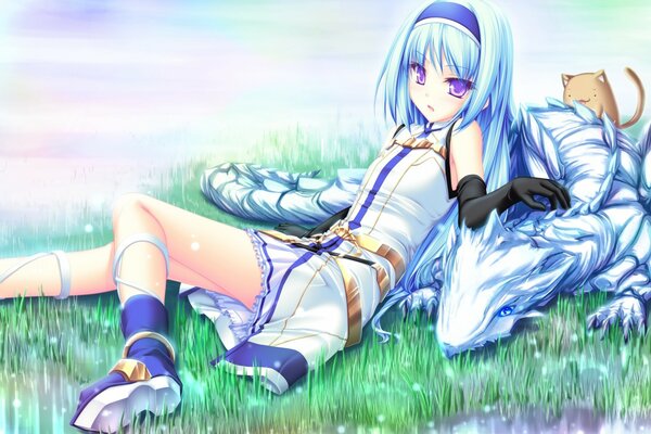 A girl from the anime with blue hair lies with a dragon