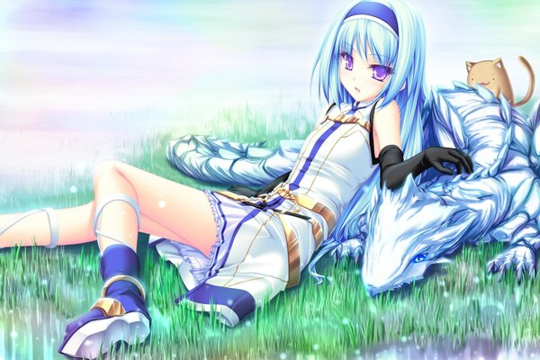 Девочка из аниме с синими волосами лежит с драконом