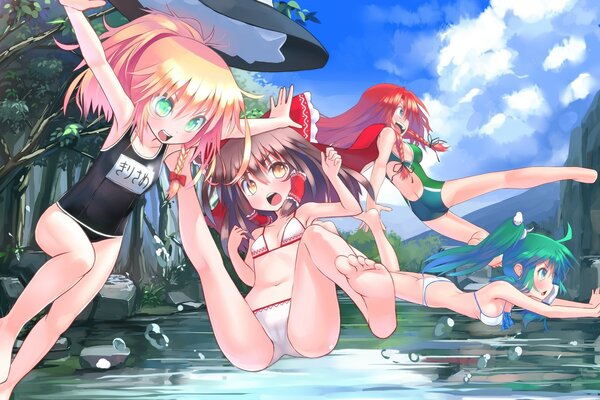 Anime amigas en la playa saltando en el lago