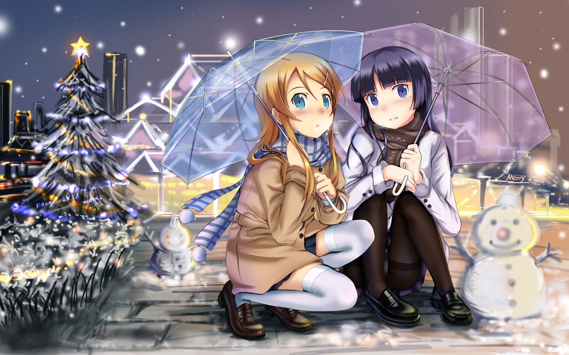 now kousaka kirino skirt black hair night scarf tights long hair stockings black eyes umbrella brown hair