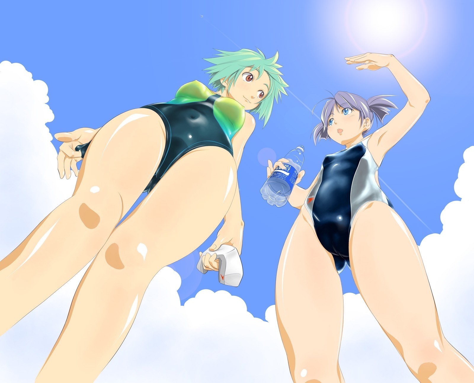 ky blue eyes swimsuit green hair 2girl