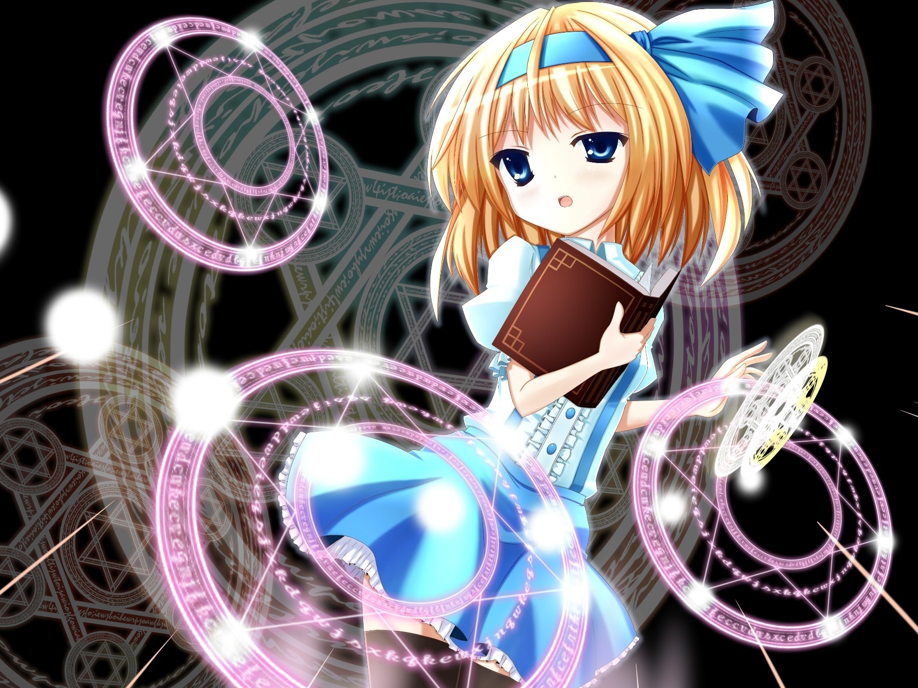 blue eyes short hair skirt zettai ryouiki blonde hair magic circle torment book thighhigh