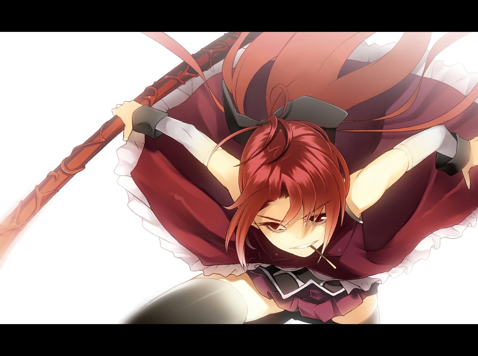 red hair red eyes weapon long hair spear thighhigh