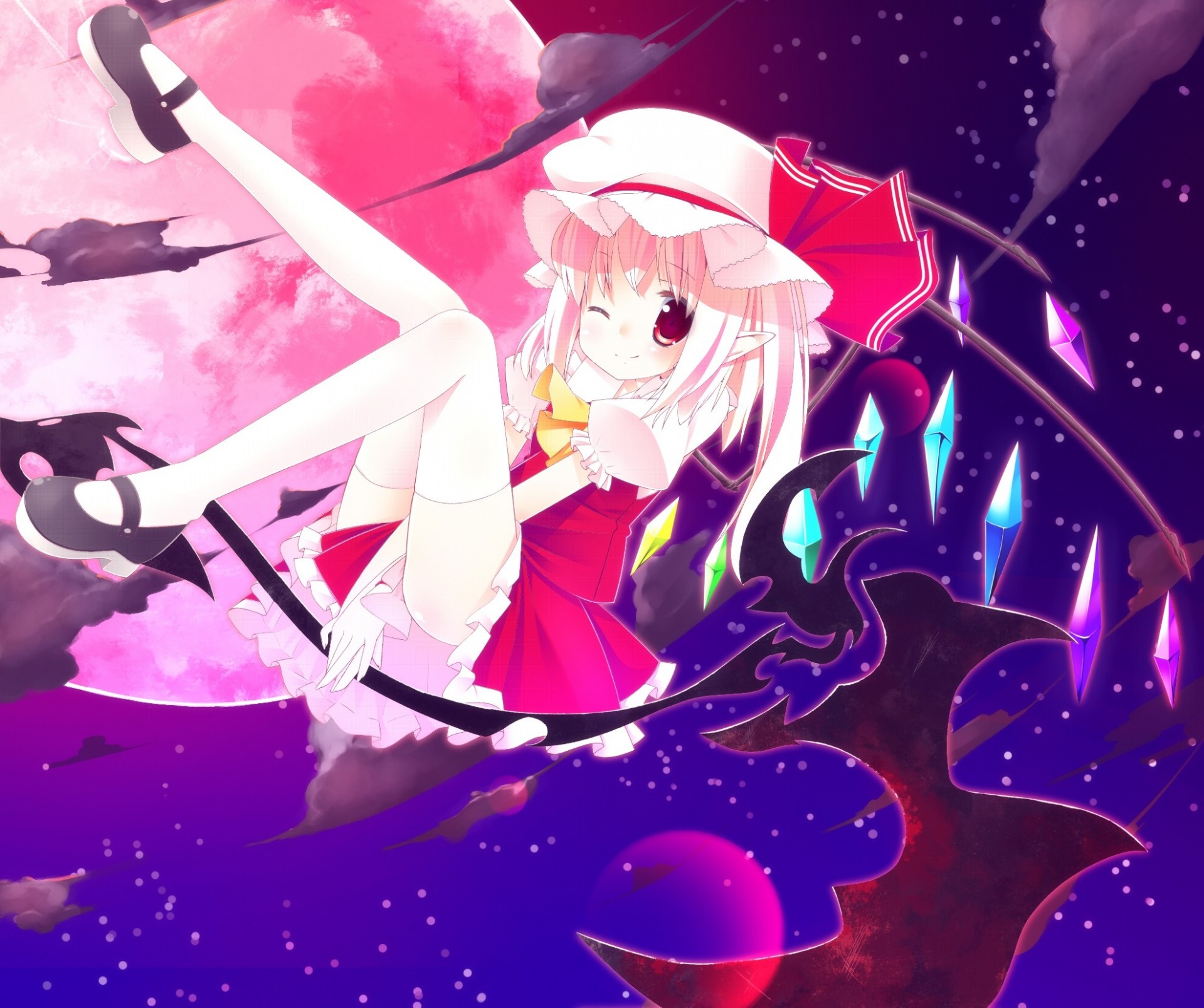 ky short hair wink blonde hair hat vampire clouds zettai ryouiki torment night red eyes blush flanders scarlet moon wings thighhigh