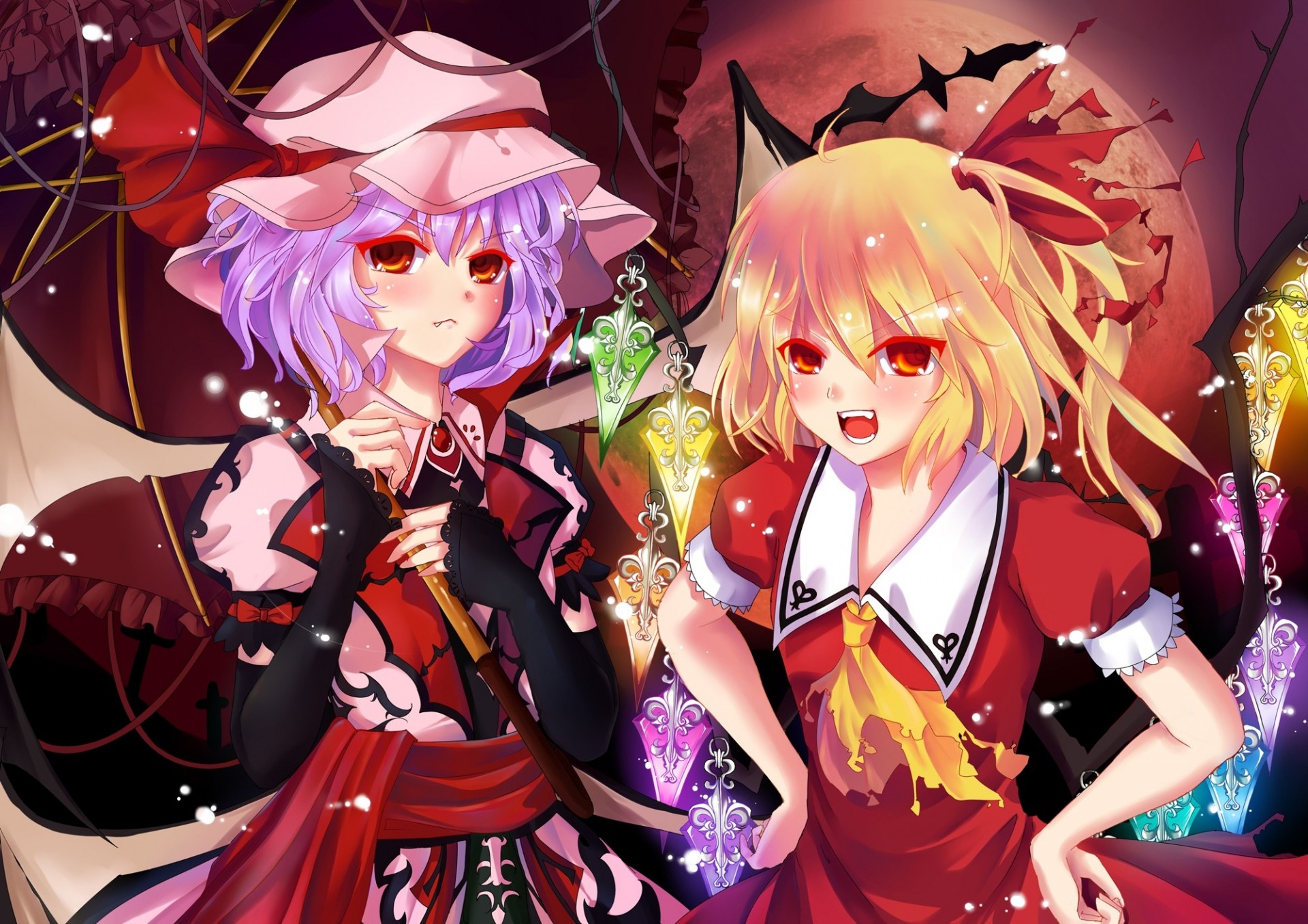 blonde hair hat flanders scarlet red eyes purple hair fang moon dress wings remilia scarlet umbrella