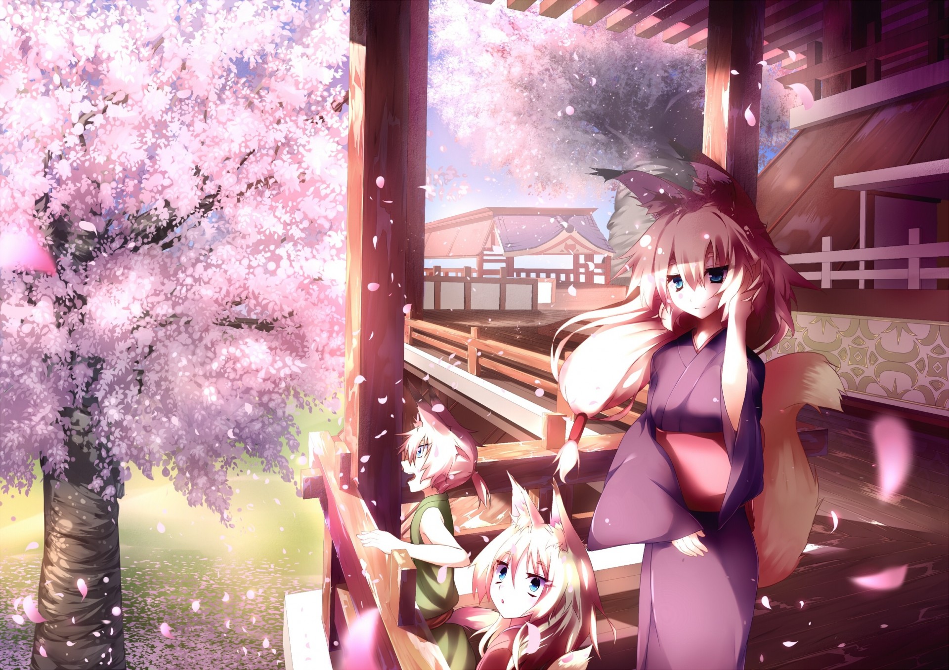 petals tree spring japanese clothes cherry kimono animal ears tail beautiful