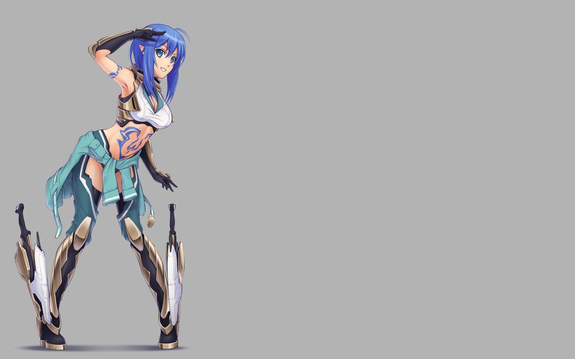 blue eyes tattoos armour gloves weapon long hair navel blue hair