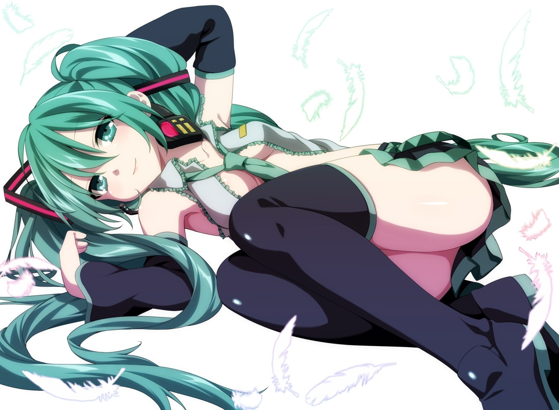 pióra twintails biały zielone włosy zielone oczy długie włosy związać hatsune miku thighhigh