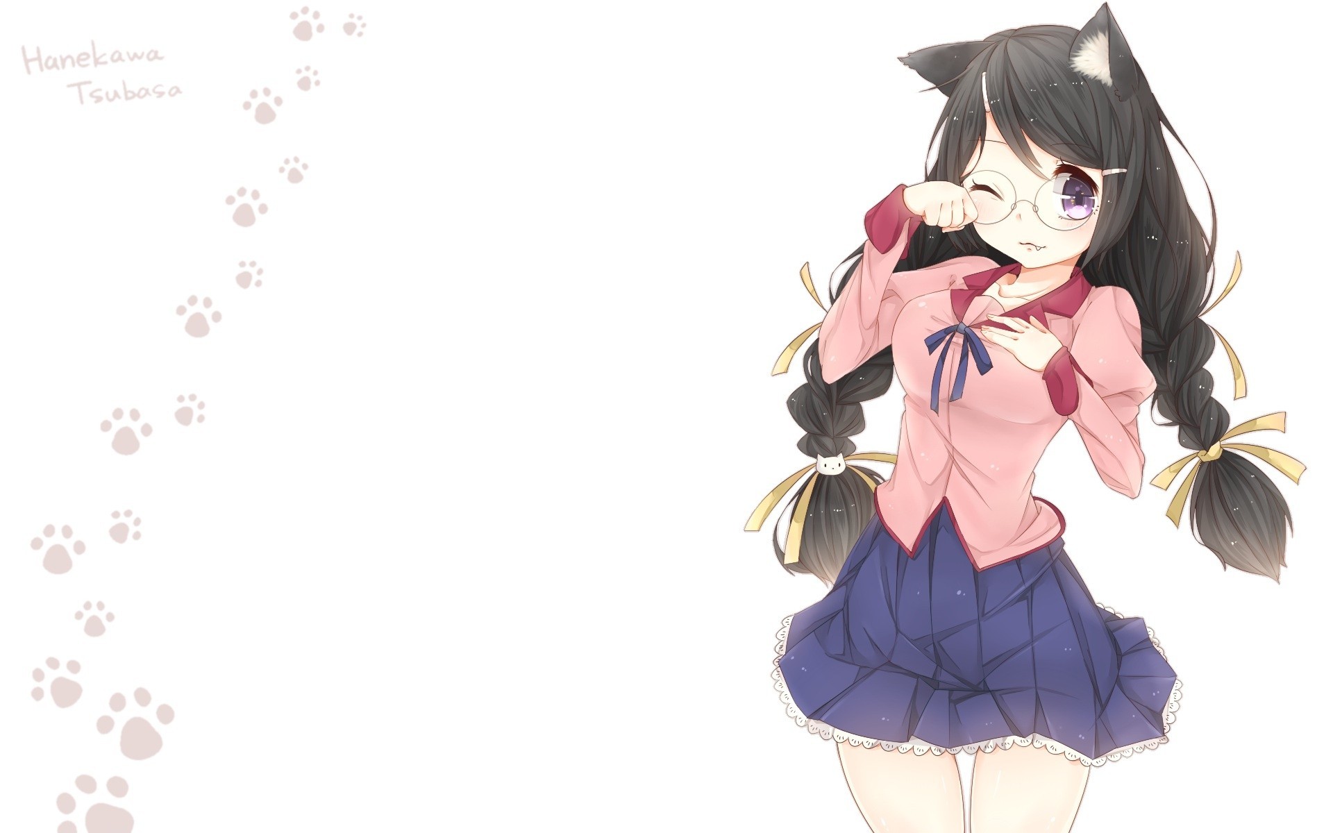 pit wink seifuku purple eyes skirt black hair twintails hanekawa tsubasa fang catgirl sunglasses animal ear