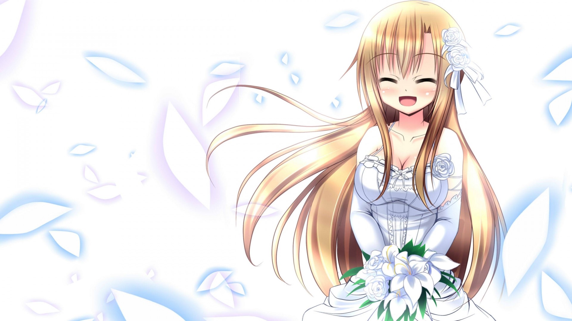 blütenblätter blondes haar erröten handschuhe lange haare yuki asuna blumen kleid hochzeitskleid