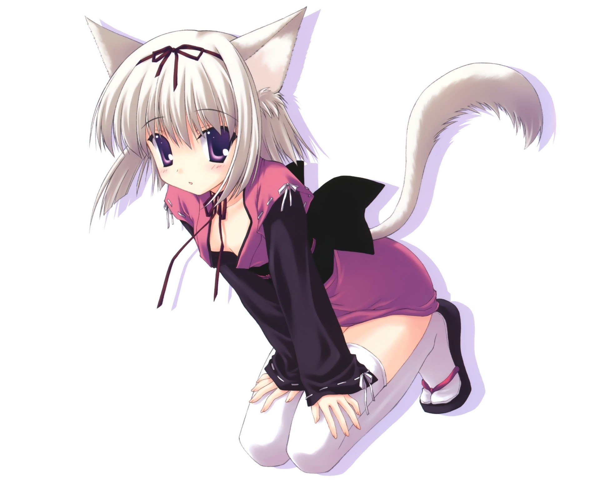 pelo corto ropa japonesa blanco thighhighs catgirl orejas de animales cola