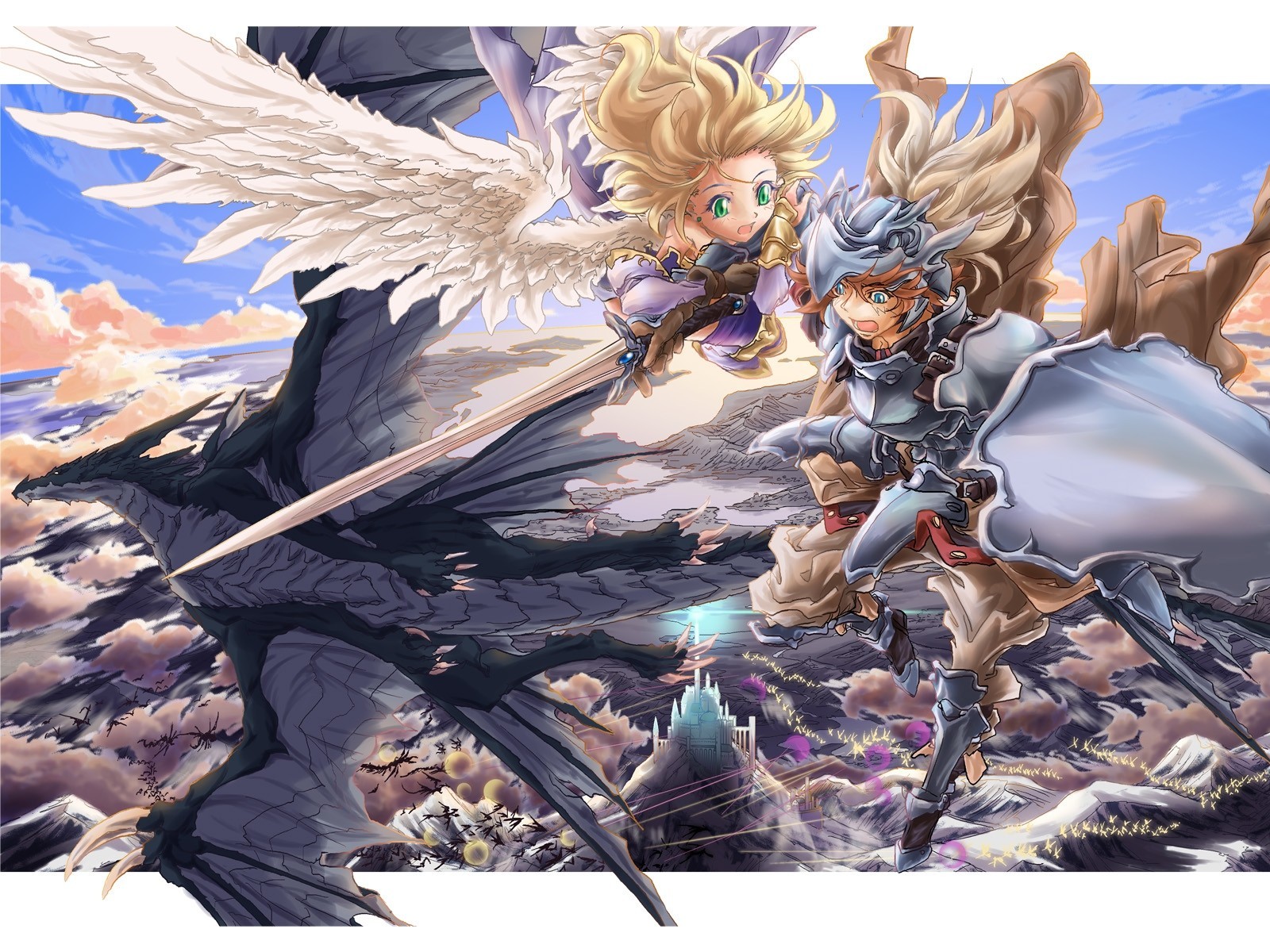 ky blue eyes wings landscape blonde hair armour clouds dragon long hair gloves green eyes brown hair sword weapon beautiful