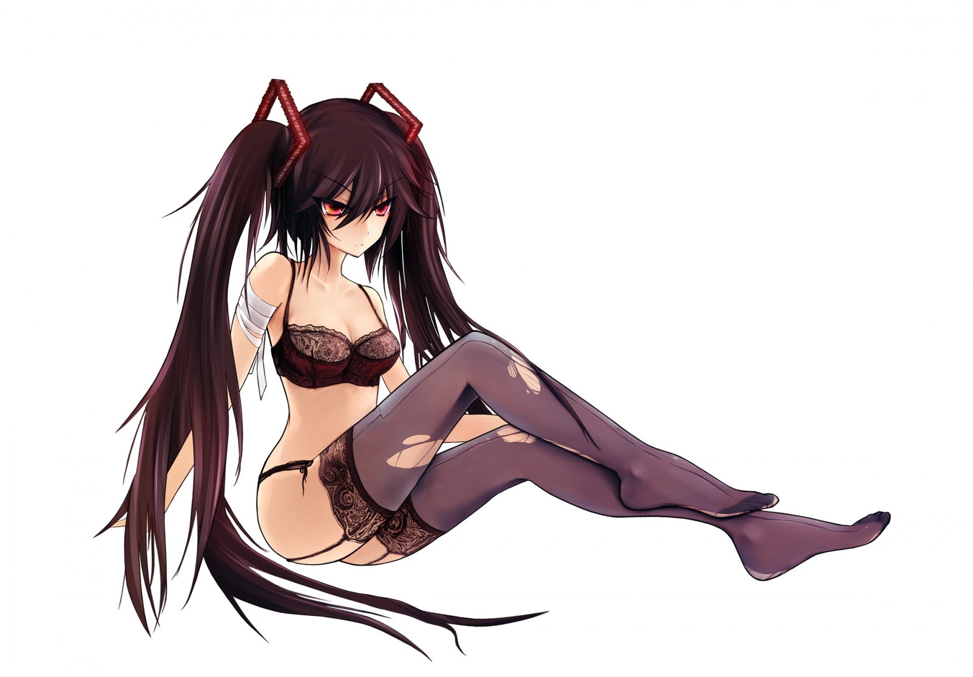 long hair twintails white underwear bra thighhigh