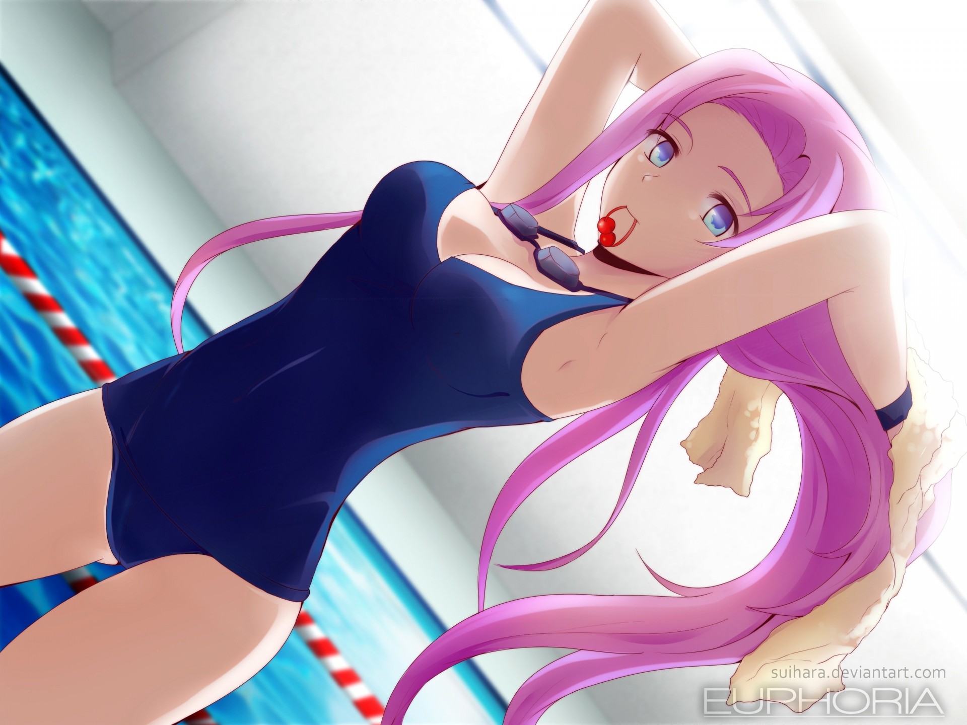 blue eyes long hair pink hair swimsuit