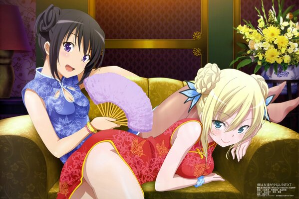 Two flirtatious anime heroines in Chinese dresses and with a fan